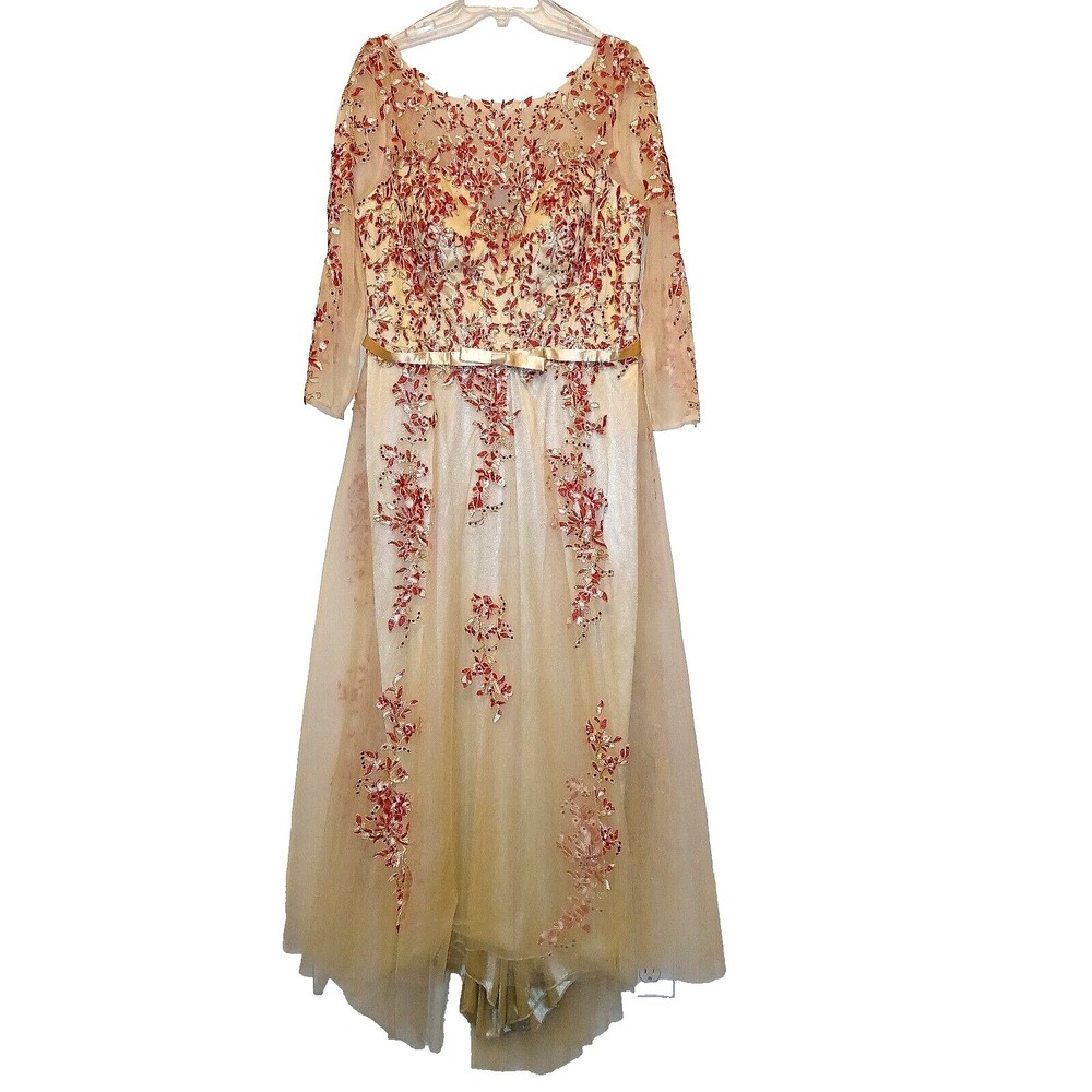 SPECIAL OCCASION Embroidered Red Rhinestone Women Long Dress Gown 18 Sheer Nude - Picture 2 of 14